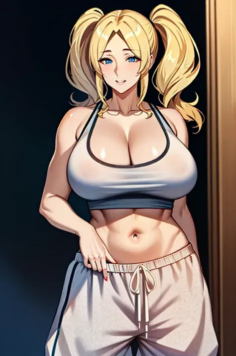 ((parted bangs)), blonde, twintails, navel, ((mature woman)), large breasts, age 18, blue eyes, athletic, (((baggy sweatpants))), whore