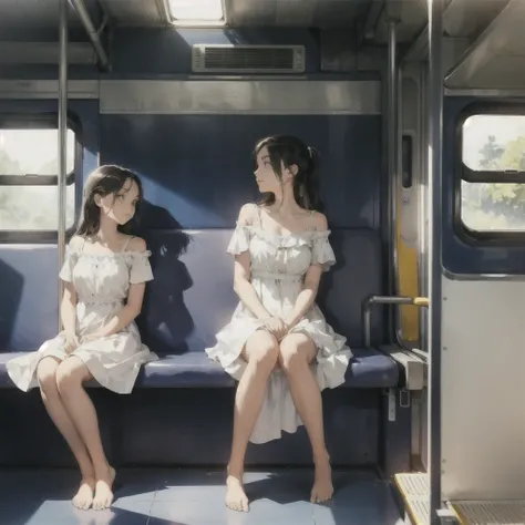 A beautiful girl of 16 years old with a perfect, very beautiful gentle face rides in an empty train carriage barefoot in a light summer dress, in profile, SIDE VIEW, summer day, sunlight fills the carriage