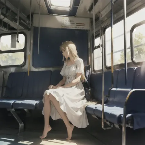 A beautiful girl of 16 years old with a perfect, very beautiful gentle face rides in an empty train carriage barefoot in a light summer dress, in profile, SIDE VIEW, summer day, sunlight fills the carriage