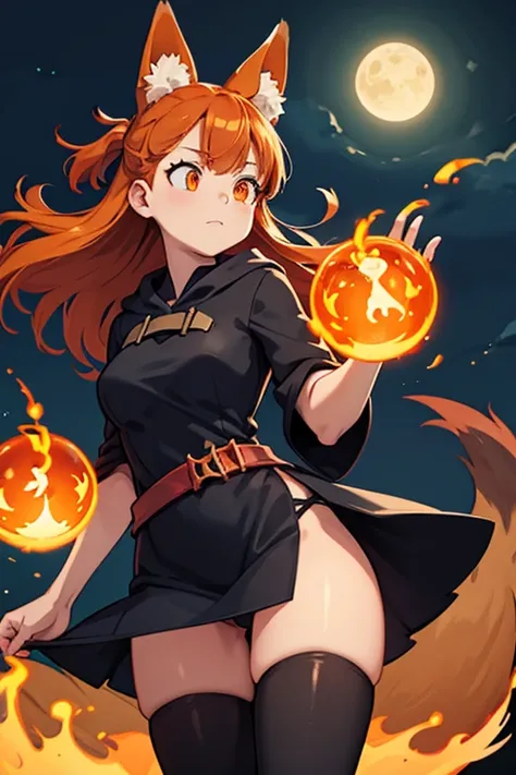 An orange haired female witch with copper eyes and hourglass figure with orange fox ears and an orange fox tail in a conservative witchs dress and black tights is practicing fire magic at night.
