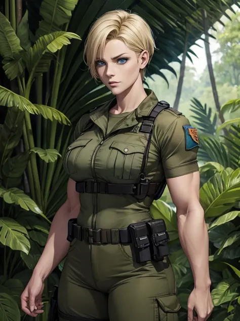 beautiful woman short blonde hair blue eyes muscular body top military pants serious face in the jungle