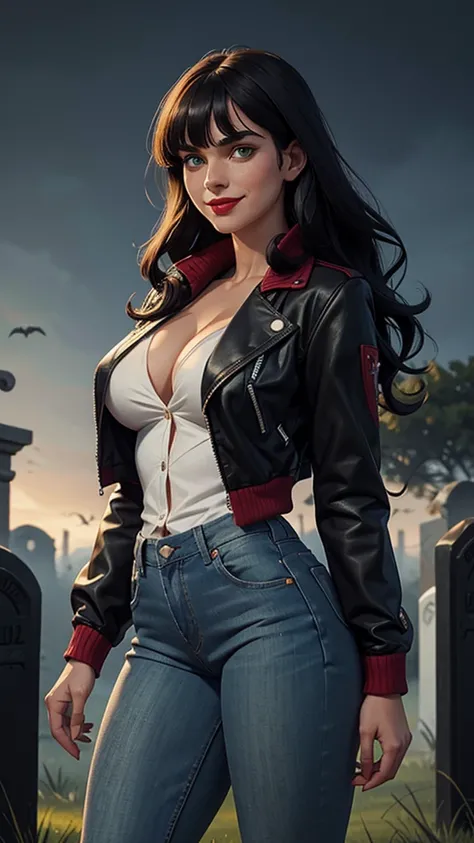 Woman, white skin, green eyes, black hair, wavy hair, straight hair, bangs, long hair, hair in the wind, cemetery at night, tight jeans, black boots, very low-cut blouse, white blouse, open jacket, red jacket, horror , great cleavage, nipples visible, smil...