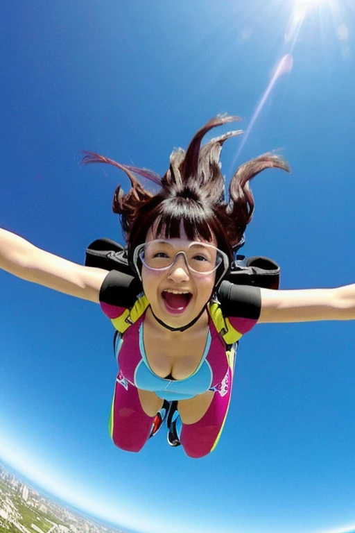 over the sky３０００In the middle of skydiving at 1.5 meters、The surroundings are clear blue sky, clouds and the ground.、She is a beautiful Japanese woman with medium-long bob hair and is very cute, and is having fun and spreading her arms and legs.、Sensual st...