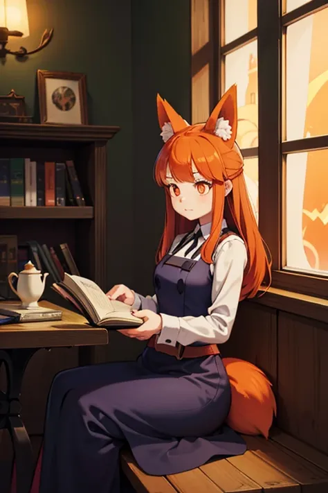 An orange haired female witch with copper eyes and hourglass figure with orange fox ears and an orange fox tail in a conservative lolita witch dress is is reading by an open window