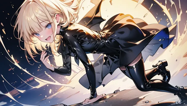 `(best quality,4k,8k,highres,masterpiece:1.2),ultra-detailed,(realistic,photorealistic,photo-realistic:1.37),portrait,wet floor,blonde 17-year-old girl,short hair,standing full body,short black latex strapless dress,high boots,smiling while touching her ha...