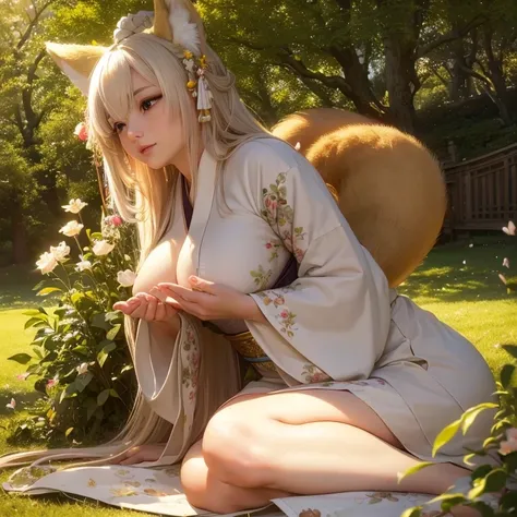 (best quality,4k,8k,highres,masterpiece:1.2),ultra-detailed,(realistic,photorealistic,photo-realistic:1.37),portraits,pastel colors,soft lighting,fantasy atmosphere,girl with fox ears and tail,peaceful garden setting,golden sunset,flowing cherry blossom tr...