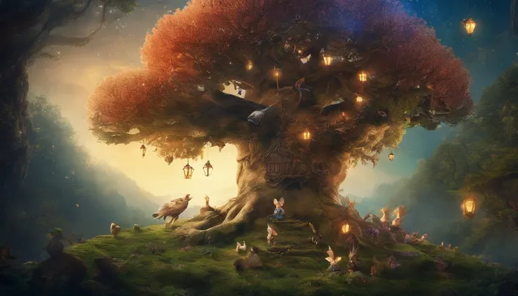 In the mysterious forest at midnight、one big tree、Many strange little animals dressed in wizard clothes are standing on two legs and looking up at a big tree。very cute、fantasy、assembly、award-winning, table top, highest quality, High resolution, photographっ...