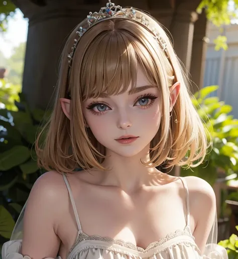 ella freya como princesa elfa rubia cabello corto orejas de elfo cuerpo firme senos perfectos vestido blanco