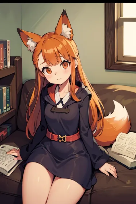 An orange haired female witch with copper eyes and hourglass figure with orange fox ears and an orange fox tail in a conservative lolita witch dress is picking out a book