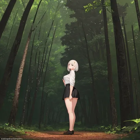 A beautiful, sweet-faced girl is standing in the middle of the forest, wearing a white shirt, a short skirt, big breasts, a nice figure, and a big ass.