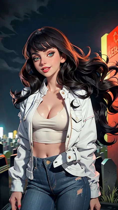 Woman, white skin, green eyes, black hair, wavy hair, straight hair, bangs, long hair, hair in the wind, cemetery at night, tight jeans, black boots, very low-cut blouse, white blouse, open jacket, red jacket, horror , great cleavage, smiling, looking at c...