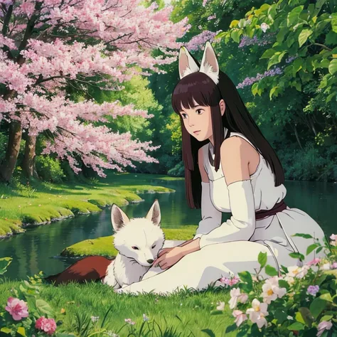 (best quality,4k,8k,highres,masterpiece:1.2),ultra-detailed,(realistic,photorealistic,photo-realistic:1.37),portraits,pastel colors,soft lighting,fantasy atmosphere,girl with fox ears and tail,peaceful garden setting,golden sunset,flowing cherry blossom tr...