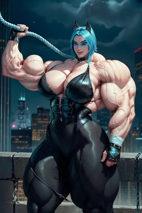 (((((Massive, tall, beautiful, buff, pale white skinned muscular woman with cyan hair, ginormous bulky muscles, holding a bull whip and wearing a black catwoman costume with cat ears and pants))))), close view, massive muscle, massive biceps, hyper muscle ...