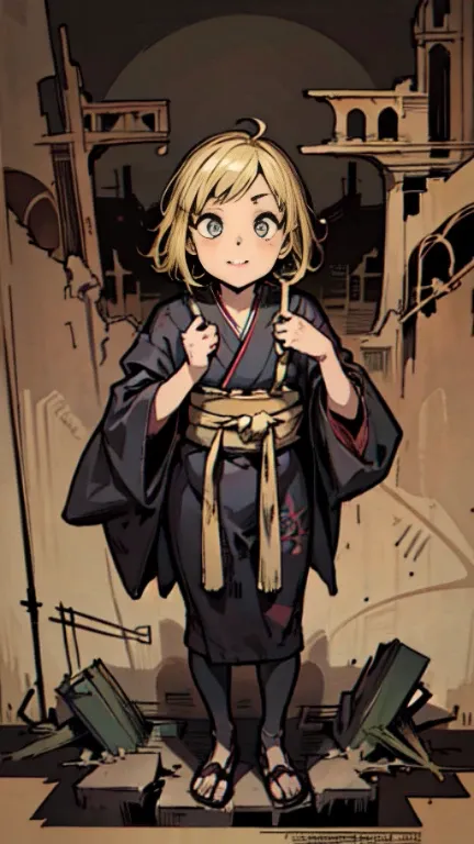 ((blonde bob-haired girl in black kimono))、((ruins)), ((punk band poster)),cartoon style, horror elements, comic book style illu...