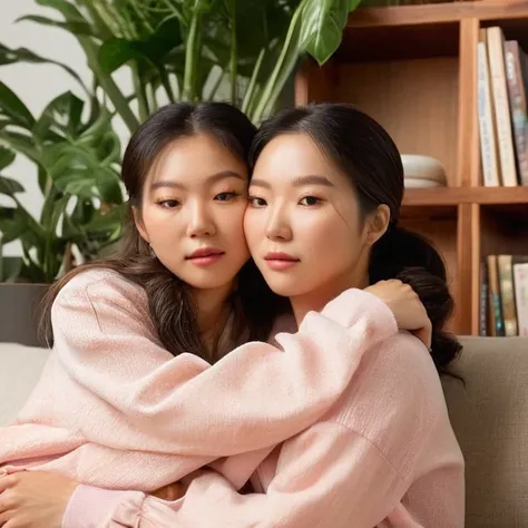 (high resolution, ultra-detailed, photorealistic), ((half body:1.4)) photo of sjang and her identical twin, leaning on each other, sitting on couch, cuddling, realistic faces, (living room:1.2), potted plants, shelves, cabinet, romantic, soft lighting