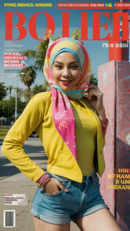 1 malay girl in hijab, sfw, shorts, jacket, (Magazine cover-style illustration of a fashionable woman in vibrant outfit posing in front of a colorful and dynamic background. She has a confident expression and  striking a pose. The text on the cover should ...