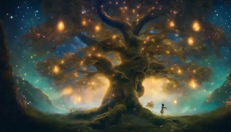 World of Dreams, Looking up at the sky from the fairy forest at midnight, Luminous Tree々, dreamlike landscape, realistic fantasy photography, , astral planes, very magical and dreamy, inspired by Michael Komarck, Magic Tree, Night under the stars, Dreamy n...