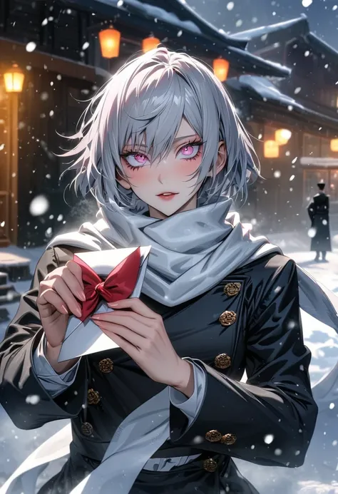 Ultra detailed, Highres, absurdres, HDR, Uraume, white bob haircut, pink eyes, white scarf, black butler clothes, Jujutsu Kaisen, androgynous appearance, snowing, snowflakes, holding a letter,