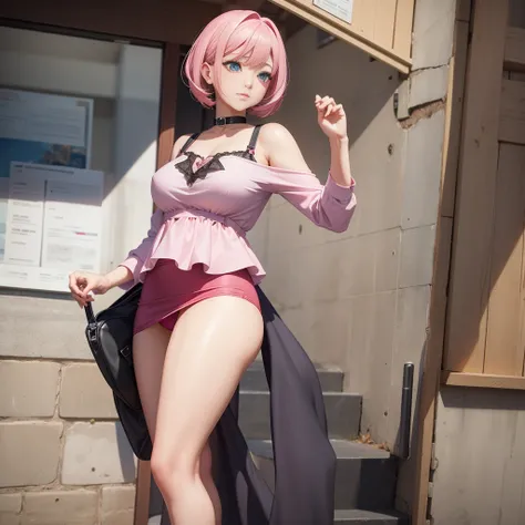 Hay una mujer con un traje rosa posando para una foto, render fotorrealista de chica anime, sakimichan hdri, [ 4 k photorealism ]!!, [ 4 k photorealism ]!!!, estilo anime realista 3d, pose casual, linda chica con pelo corto rosa, [ 4 k photorealism ], rend...