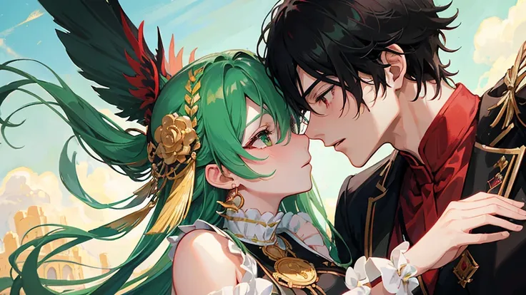 couple, boy with black hair, black and red royal clothes, majestic black wings, and girl with green hair, green and white royal clothes, fairy wings, kissing pose, sky, 8k resolution