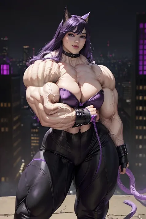 (((((Massive, tall, beautiful, buff, pale white skinned muscular woman with violet purple hair, ginormous bulky muscles, holding a bull whip and wearing a black catwoman suit with cat ears and long pants))))), close view, massive muscle, massive biceps, hy...