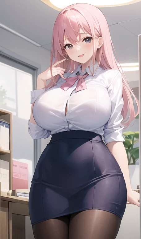 ((masterpiece, best quality)), (1 girl),((adult)), light pink hair,  trumpet, ((office lady )),Bangs,beautiful breasts、huge breasts:1.4，plump胸部,(plump),Slim,Smile, [wide hips],office,permanent, Got it (blue file),