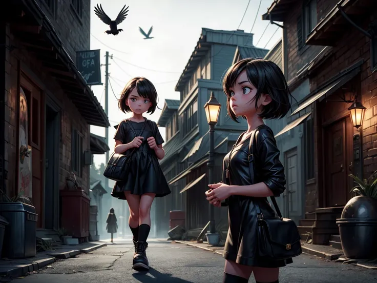 a girl walking alone in a dark alley, surrounded by menacing crows, with their beaks bared and feathers ruffled, the girls eyes filled with fear, her face reflecting the intense emotions, the crows feathers are pitch black and glossy, their eyes shining wi...