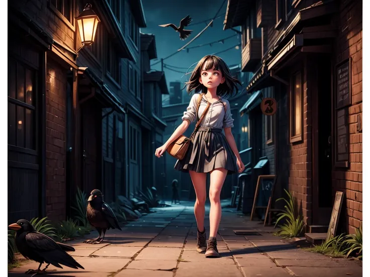 a girl walking alone in a dark alley, surrounded by menacing crows, with their beaks bared and feathers ruffled, the girls eyes filled with fear, her face reflecting the intense emotions, the crows feathers are pitch black and glossy, their eyes shining wi...