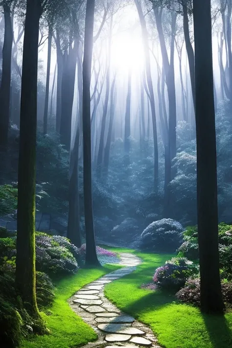 Foto de una criatura misteriosa y hermosa, localizada en un bosque-magico-de-fantasia, created with digital art of the most amazing quality. ((Sin humanos presentes)), volumetric intertwined lights, colores suaves y equilibrados que illuminan el paisaje fo...