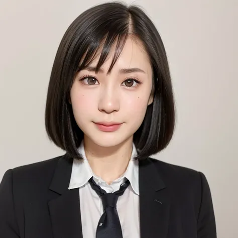 (kawaii 24 year-old japanese girl, nogizaka idol, korean idol), (glossy black hair, very short hair, symmetric hair length, even...