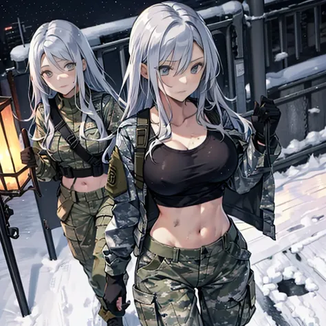 A group of  female soldiers, (in snow storm), various hair styles, tank top, harem, beautiful leg, midriff, camouflage military trousers, showings off armpits, seducing, bdsm, dirty, grabbing breast