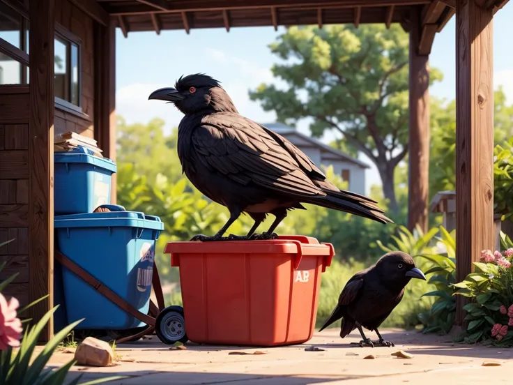 a crow rummaging through trash and a girl watching it