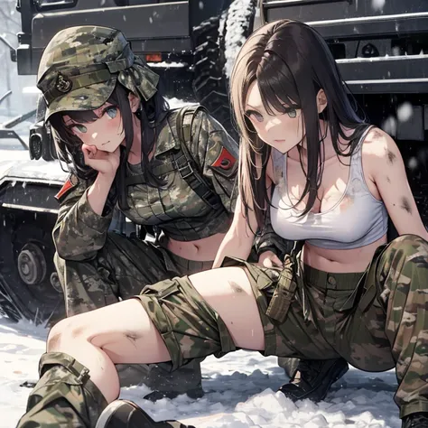 A group of  female soldiers, (in snow storm), various hair styles, tank top, harem, beautiful leg, midriff, camouflage military trousers, showings off armpits, seducing, bdsm, dirty