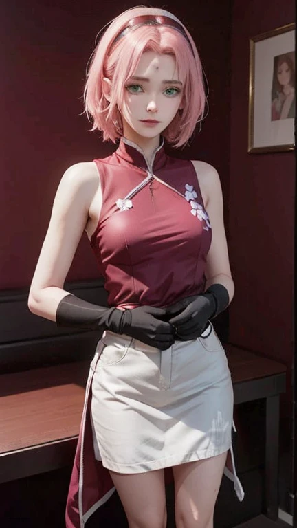 young woman, short shoulder-length pink hair, wide forehead, porcelain skin, pink eyebrows, big emerald green eyes, buttoned nose, full lips, heart-shaped face, slender body, small breasts, red tank top, Sakura Haruno , realistic, realism, details, 3d, wel...