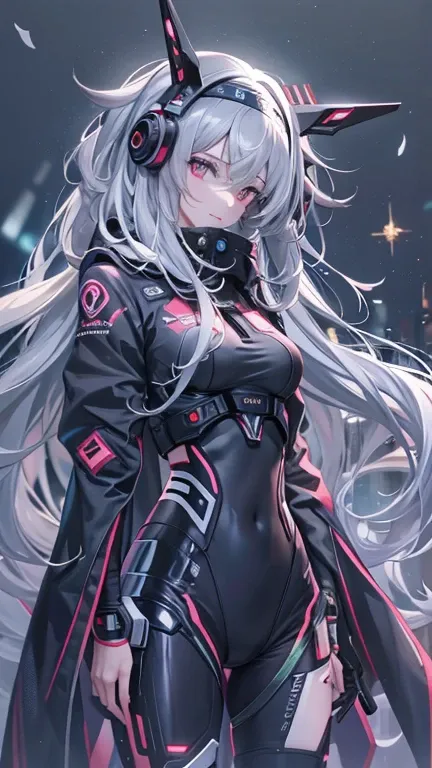 masterpiece, highest quality, 4k, Mecha, starry null, null, performer(null), cape, head band, thin legs, long hair, gray hair, cyber punk, Depth of the bounds written, blurred background,