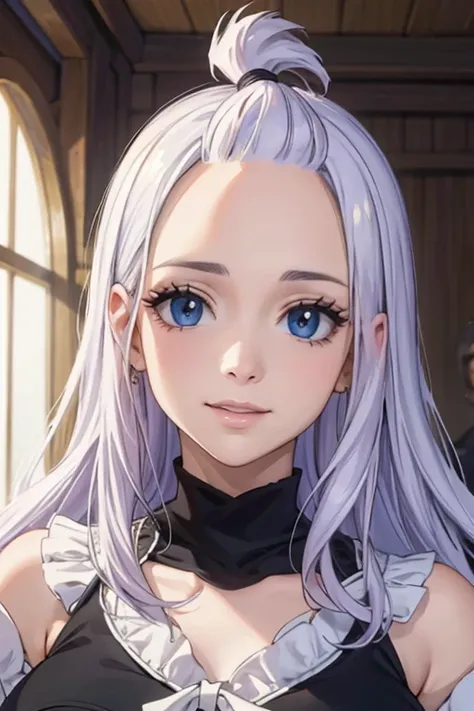 (best quality,4k,8k,highres,masterpiece:1.2),ultra-detailed,realistic,photorealistic:1.37, beautiful detailed eyes, beautiful detailed lips, extremely detailed eyes and face, longeyelashes, Mirajane Strauss, with a beautiful smile, wearing a 2-in-1 bell sl...