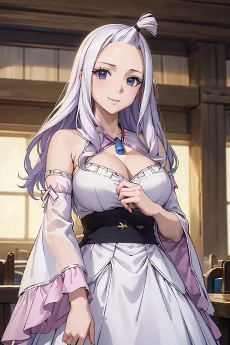 (best quality,4k,8k,highres,masterpiece:1.2),ultra-detailed,realistic,photorealistic:1.37, Mirajane Strauss, with a beautiful smile, wearing a 2-in-1 bell sleeve chadres dress 