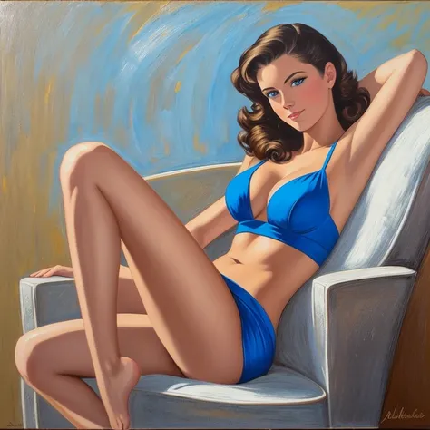 A sensual Rachel Cook, topless, medium naked breasts, cleavage.  No panties, legs spread, female pubic hair.  (((Bright blue eyes))).  Full body portrait, pin-up painting from the 50s, in the art style of Alberto Vargas, Baron Von Lind, award-winning, mast...