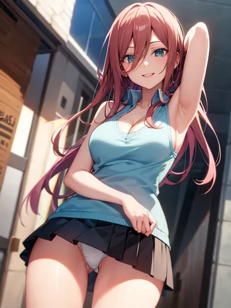 -Miku-season2,long hair,anime coloring,anime screen capture, smile,sleeveless sweater, cleavage, micro skirt,white panties,whole body,beautiful toned legs,large breasts,downtown,masterpiece,best quality,super fine illustration,shiny skin,detailed skin,deta...