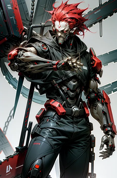 dark_fantasy,cyberpunk,(chain saw,chain saw man,Red:1.1),1 person,mechanical marvel,exist,cybernetic guardian,