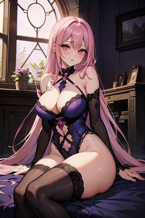 A pink haired woman with violet eyes and an hourglass figure in lacy lingerie is laying sensually on her haunches