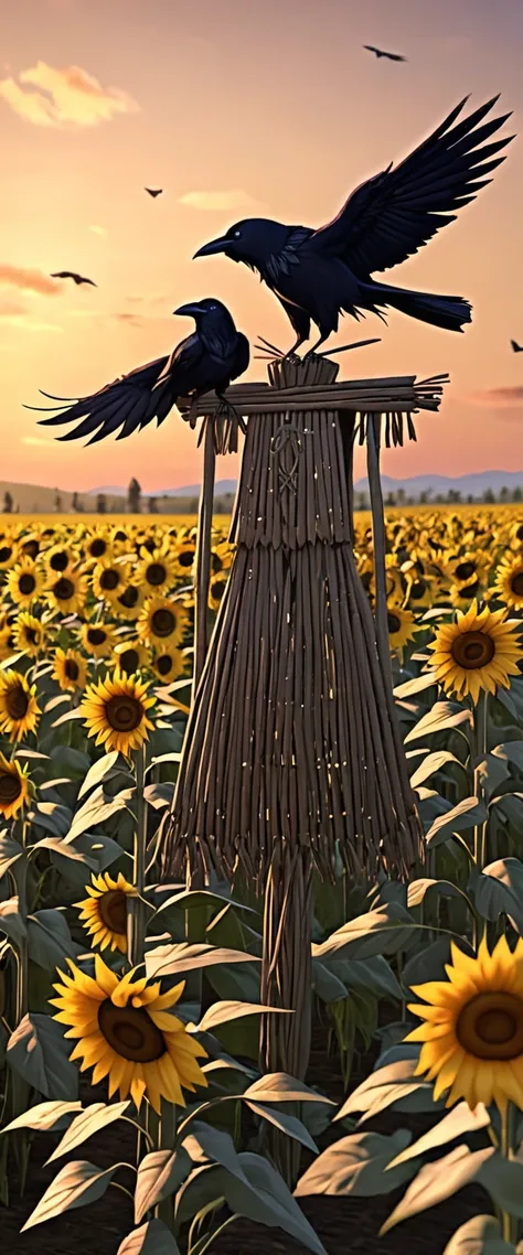 long shot, ((crow standing on a scarecrow full body:1.7)), in a field of sunflowers, the scarecrow is wearing a hat and field cl...