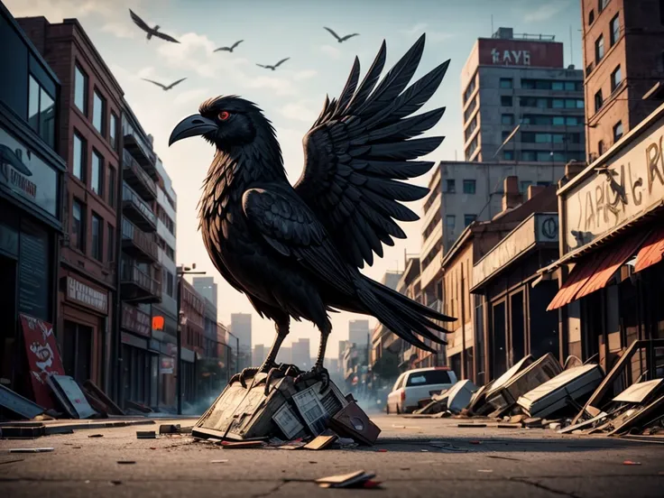 best quality,highres,ultra-detailed,raven,garbage,grimy urban landscape,cracked sidewalks,rusty dumpsters,dirty feathers,shimmering black eyes,fly away,gritty textures,hazy lighting,grungy atmosphere,crowded city streets,smoke-filled air,scattered trash,af...