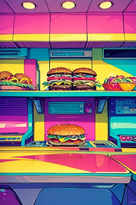 "80s inspired retro burger interior with vibrant colors, 
original patterns and nostalgic decor", highest quality, amazing details, 8k,
