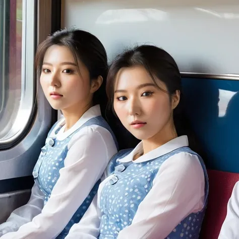 (high resolution, ultra-detailed, photorealistic), ((half body:1.4)) photo of sjang and her identical twin, leaning on each other, sitting in a train, beautiful, amazing