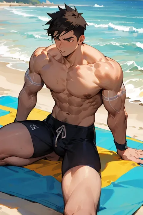 Hombre, muscular, sudoroso, en la playa 