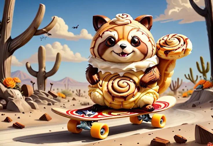 cinnamon rolls crépe tanuki riding skateboard on graveyard at desert, style of hellper