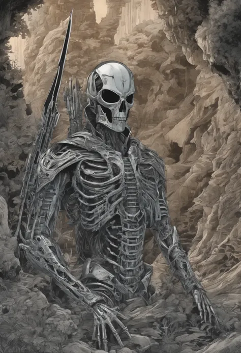 there is a skeleton with cloak that is sitting in a forest, movie still of a alien cyborg, endoskeleton, gigers biomechanical xenomorph, terminator skeleton, noriyoshi ohrai masterpiece, stan winston, by Noriyoshi Ohrai, stephen youll, cyber skeleton, port...