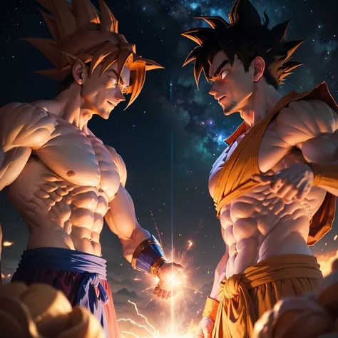 Goku faces off against the Supreme God, Dios, with a determined expression etched on his powerful features. His bright, piercing eyes are focused intently on his formidable opponent, while his muscles ripple beneath his tight, blue gi. Sweat drips from his...