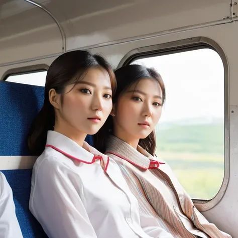 (high resolution, ultra-detailed, photorealistic), ((half body:1.4)) photo of sjang and her identical twin, ((different clothes:1.6)), leaning on each other, sitting in a train, beautiful, amazing